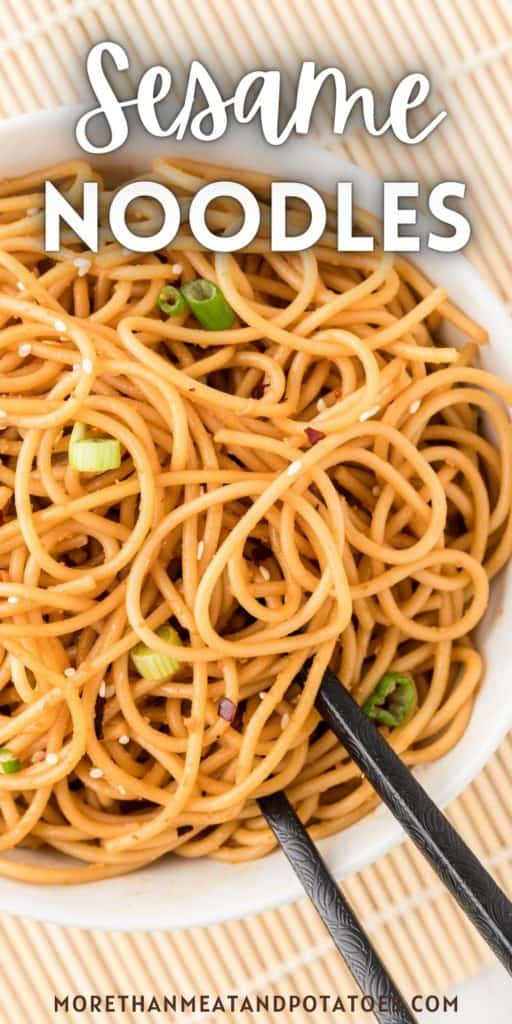 Close up view of sesame noodles.