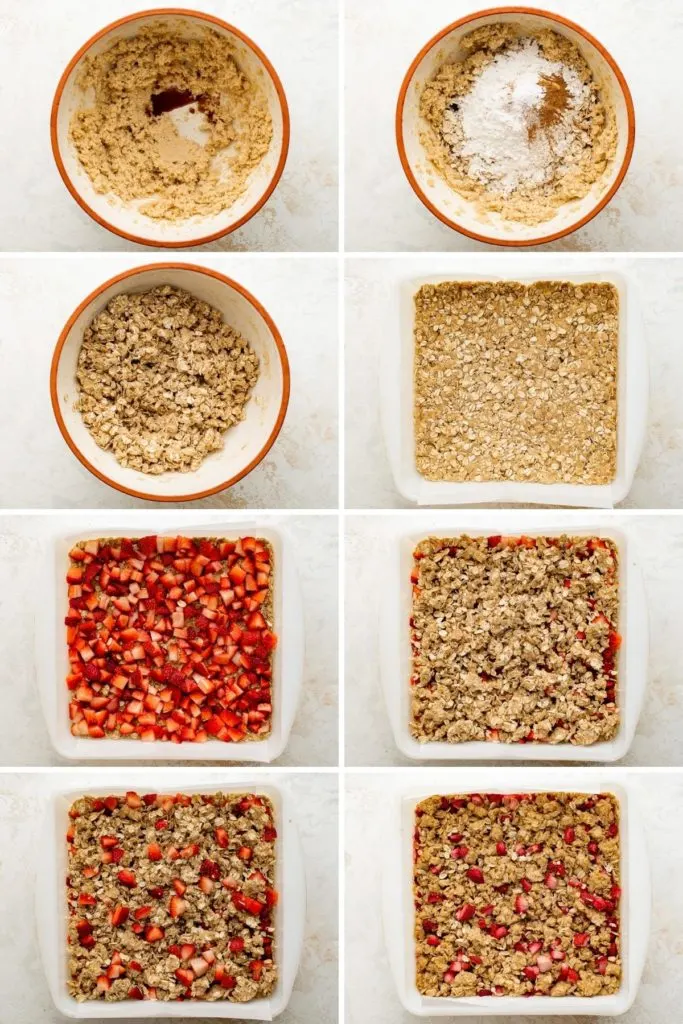Collage showing how to make strawberry oatmeal bars.