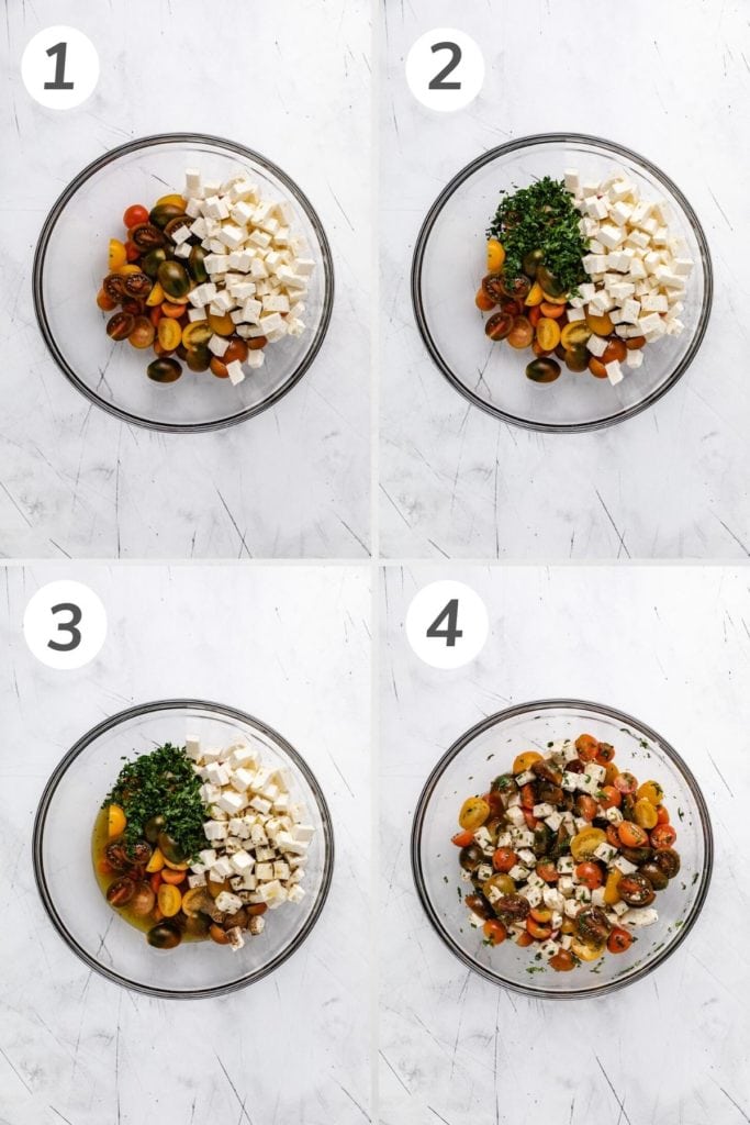 Collage showing how to make tomato salad.