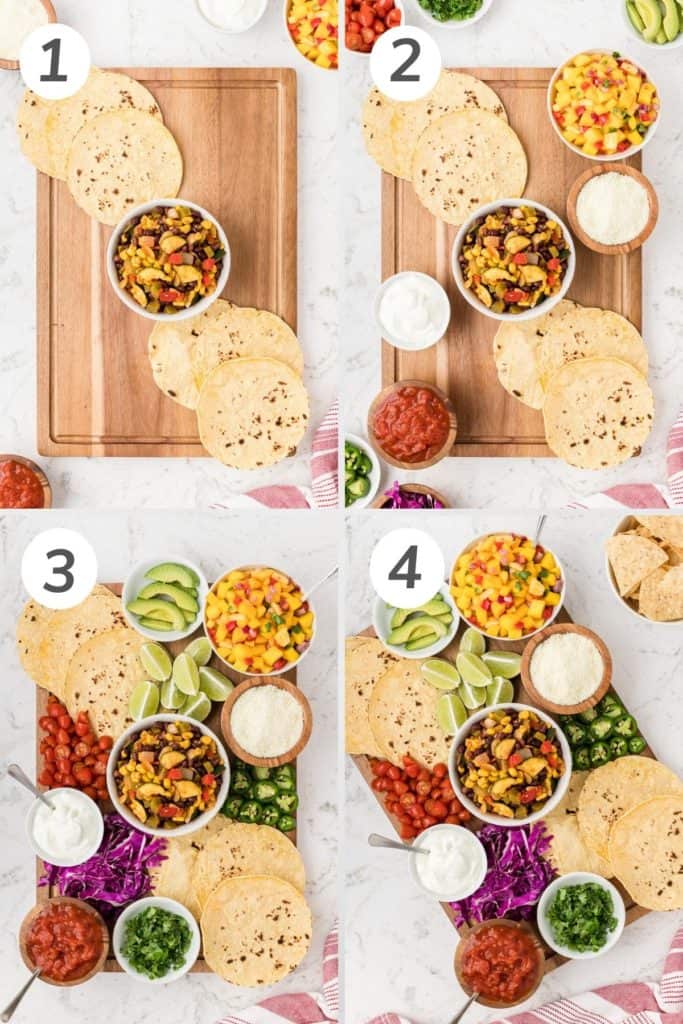 Collage showing how to make a vegetarian taco board.
