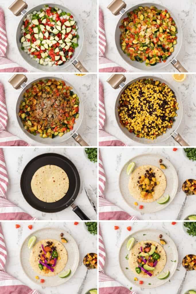 Collage showing how to make vegetarian tacos.