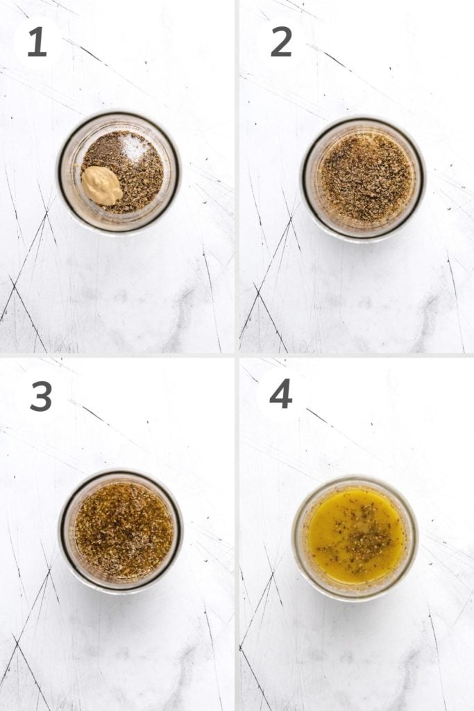 Collage showing how to make white wine vinaigrette.