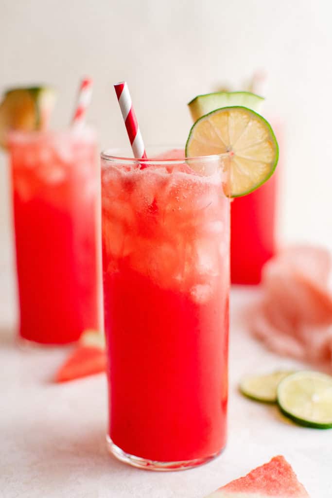Tall glasses of watermelon drink.