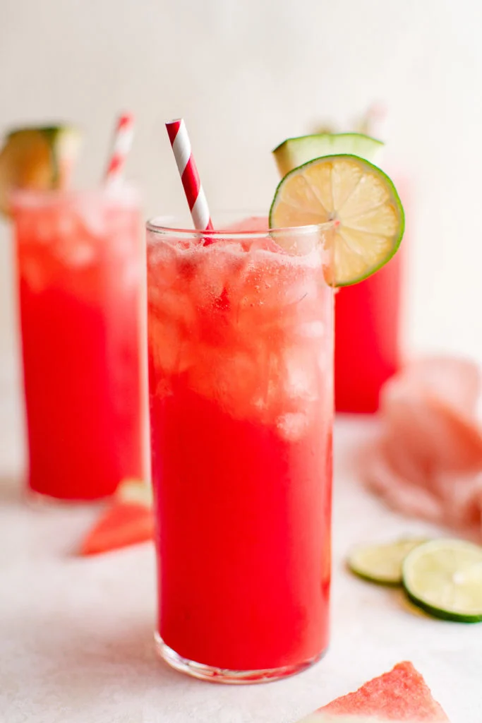 Tall glasses of watermelon drink.