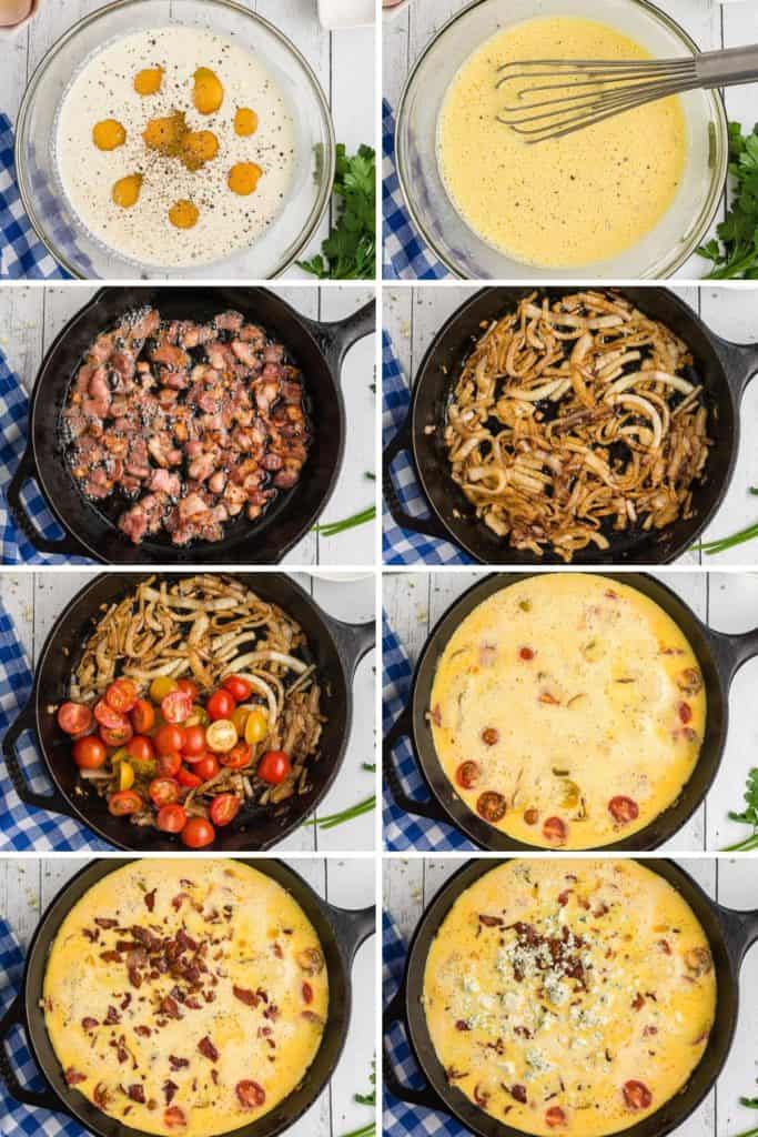 Collage showing how to make a bacon bleu cheese frittata.