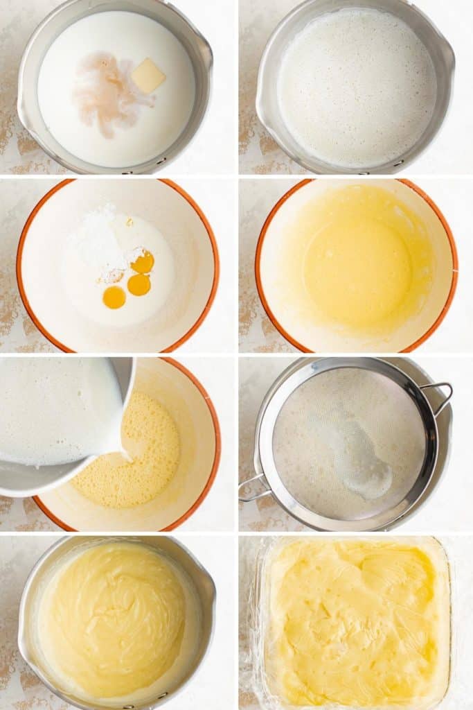 Collage showing how to make custard.