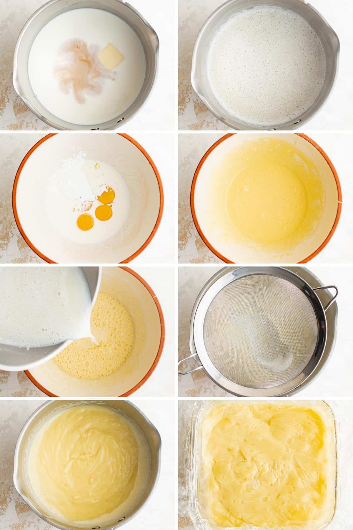 Collage showing how to make custard.