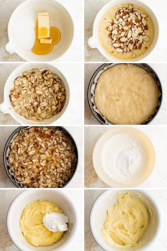 Collage showing how to make almond glaze and custard filling.