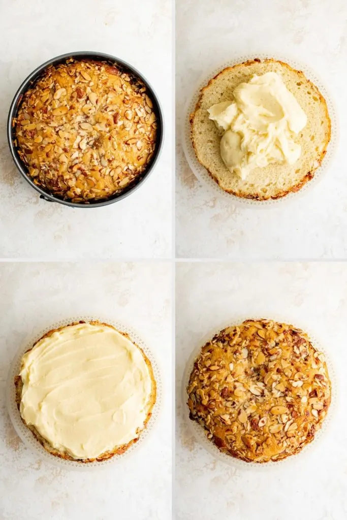 Collage showing how to assemble a bee sting cake.