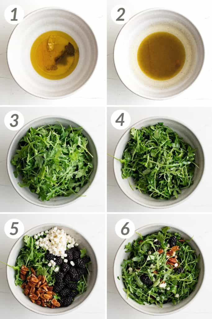 Collage showing how to make a blackberry goat cheese salad.