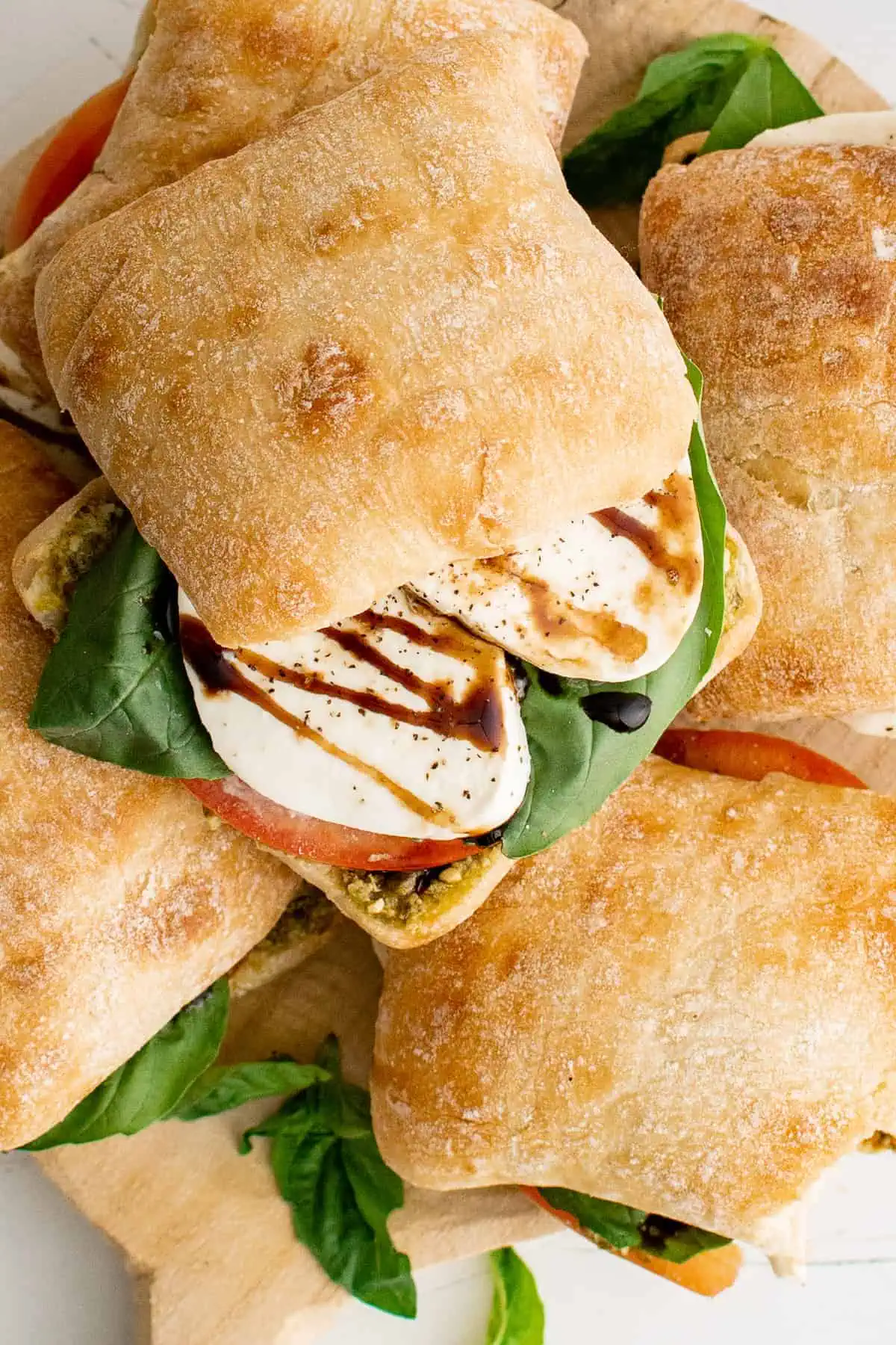 Close up view of a caprese sandwich.