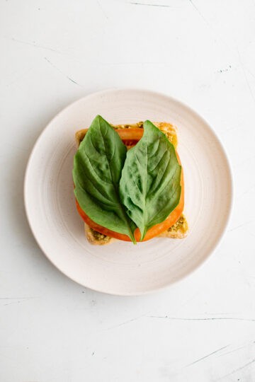 Tomato, pesto, and basil on a roll.