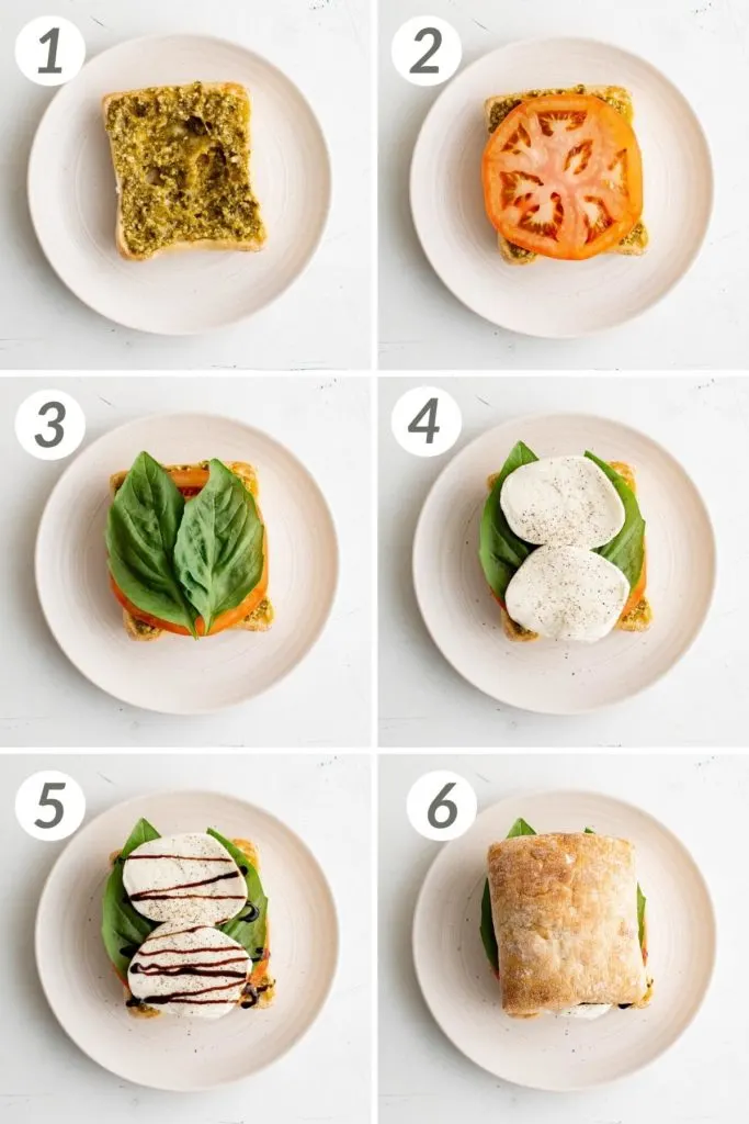 Collage showing how to make a caprese sandwich.