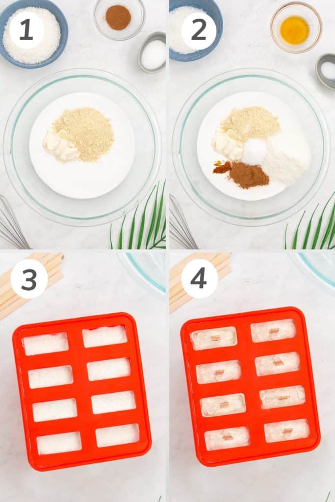 Collage showing how to make coconut popsicles.