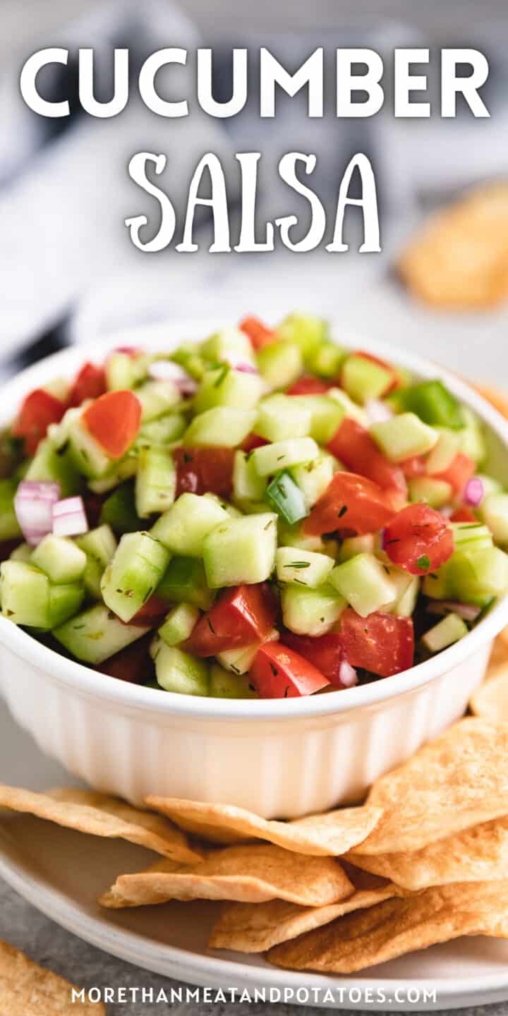 White bowl filled with cucumber salsa.