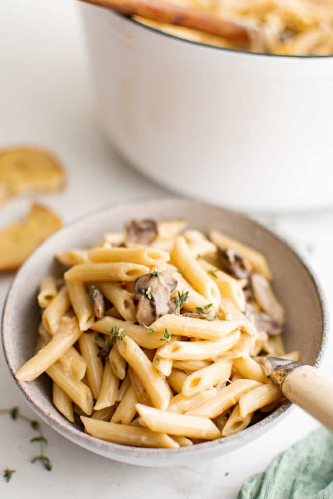 French onion pasta in a bowl.