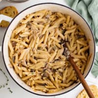 French onion pasta in a Dutch oven.