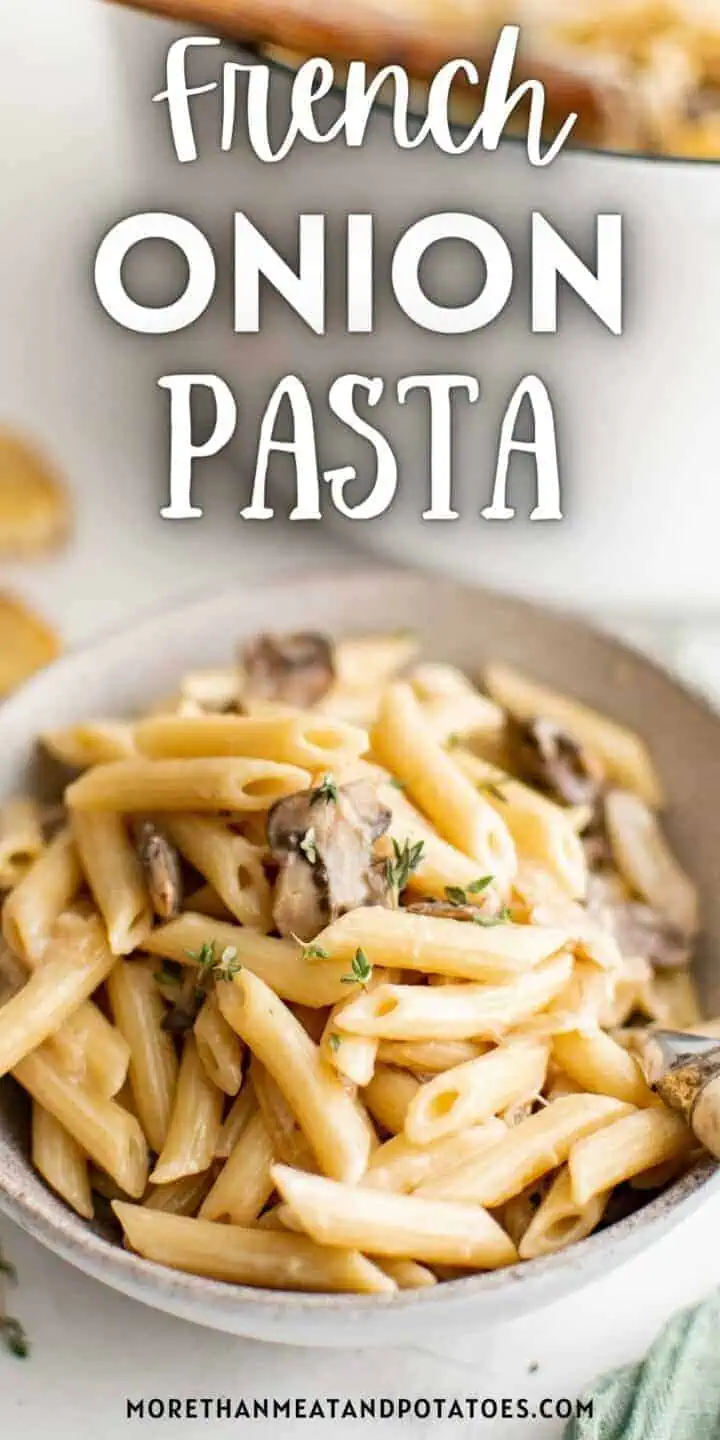 French onion pasta in a bowl.