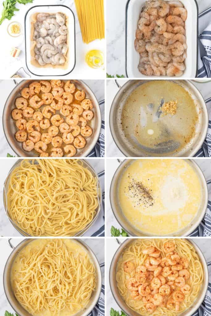 Collage showing how to make garlic shrimp pasta.
