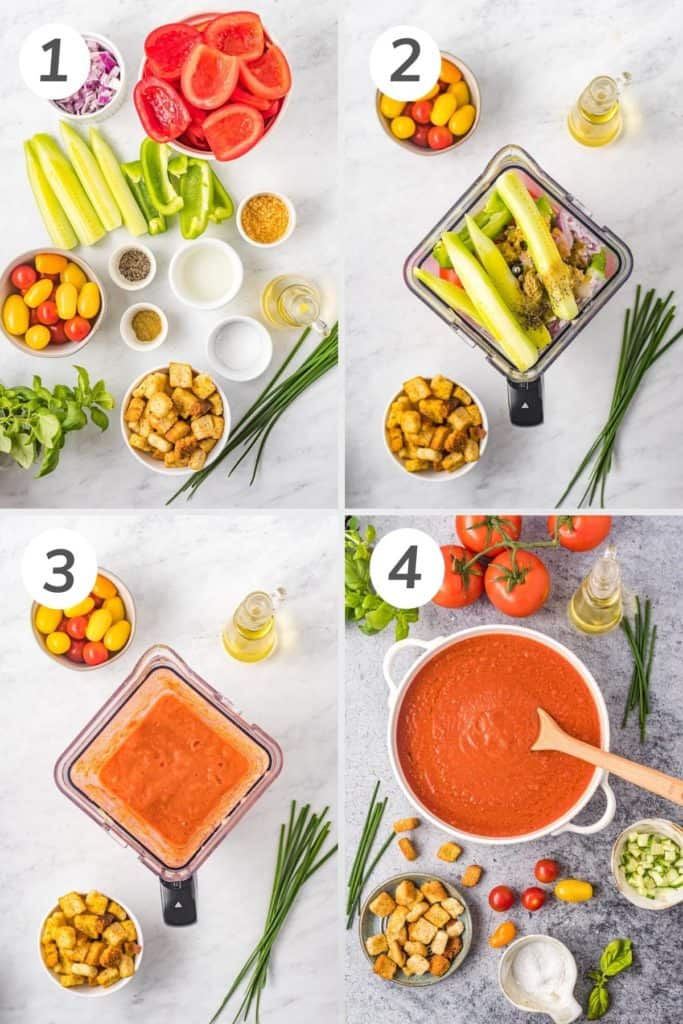 Collage showing how to make gazpacho.