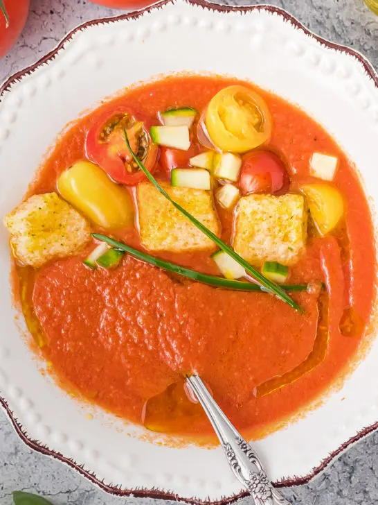 Bowl of gazpacho with croutons.