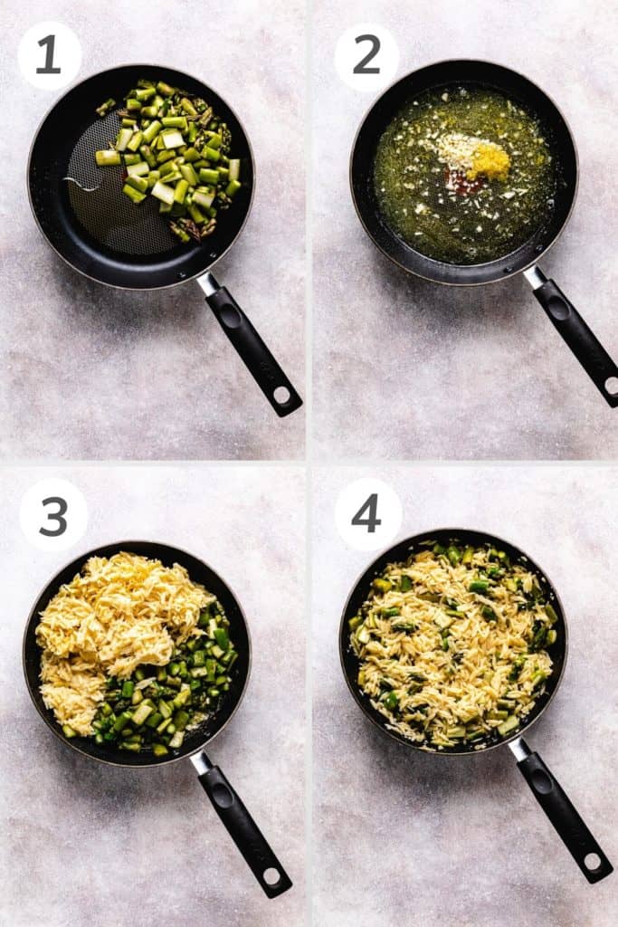 Collage showing how to make lemon asparagus orzo.