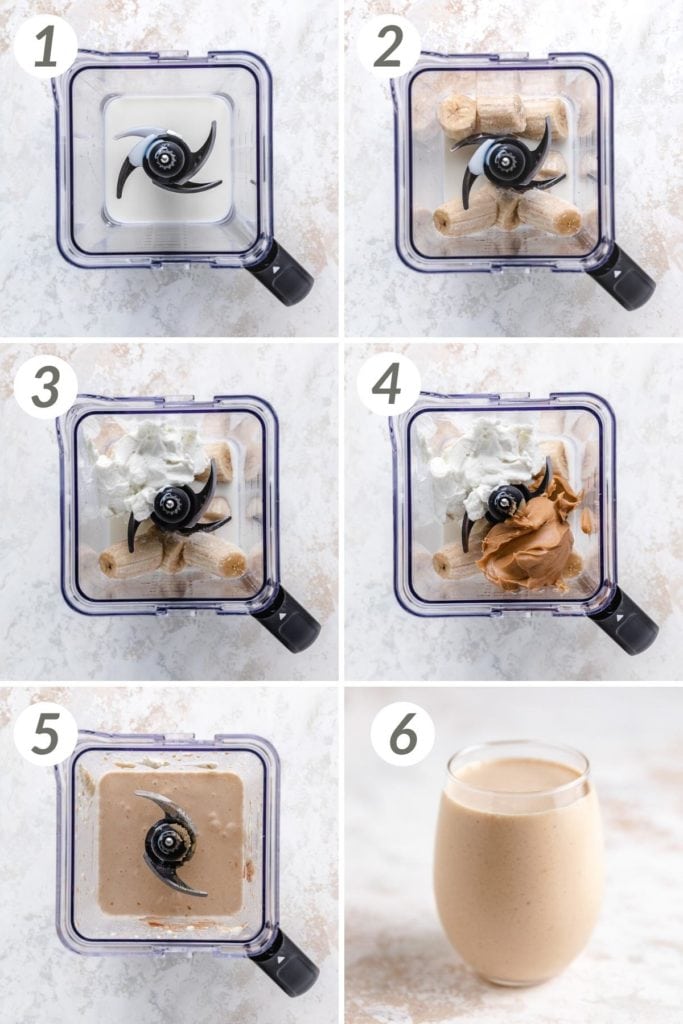 Collage showing how to make a peanut butter banana smoothie.