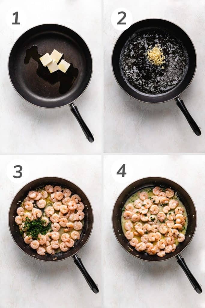 Collage showing how to make shrimp scampi.