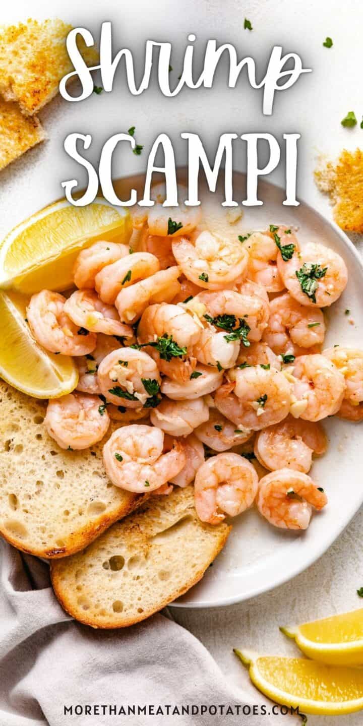 Close up view of shrimp scampi with toast.