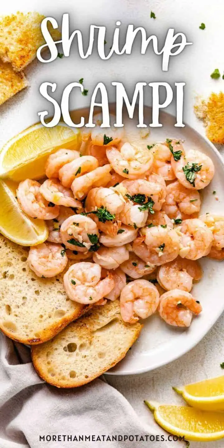 Close up view of shrimp scampi with toast.