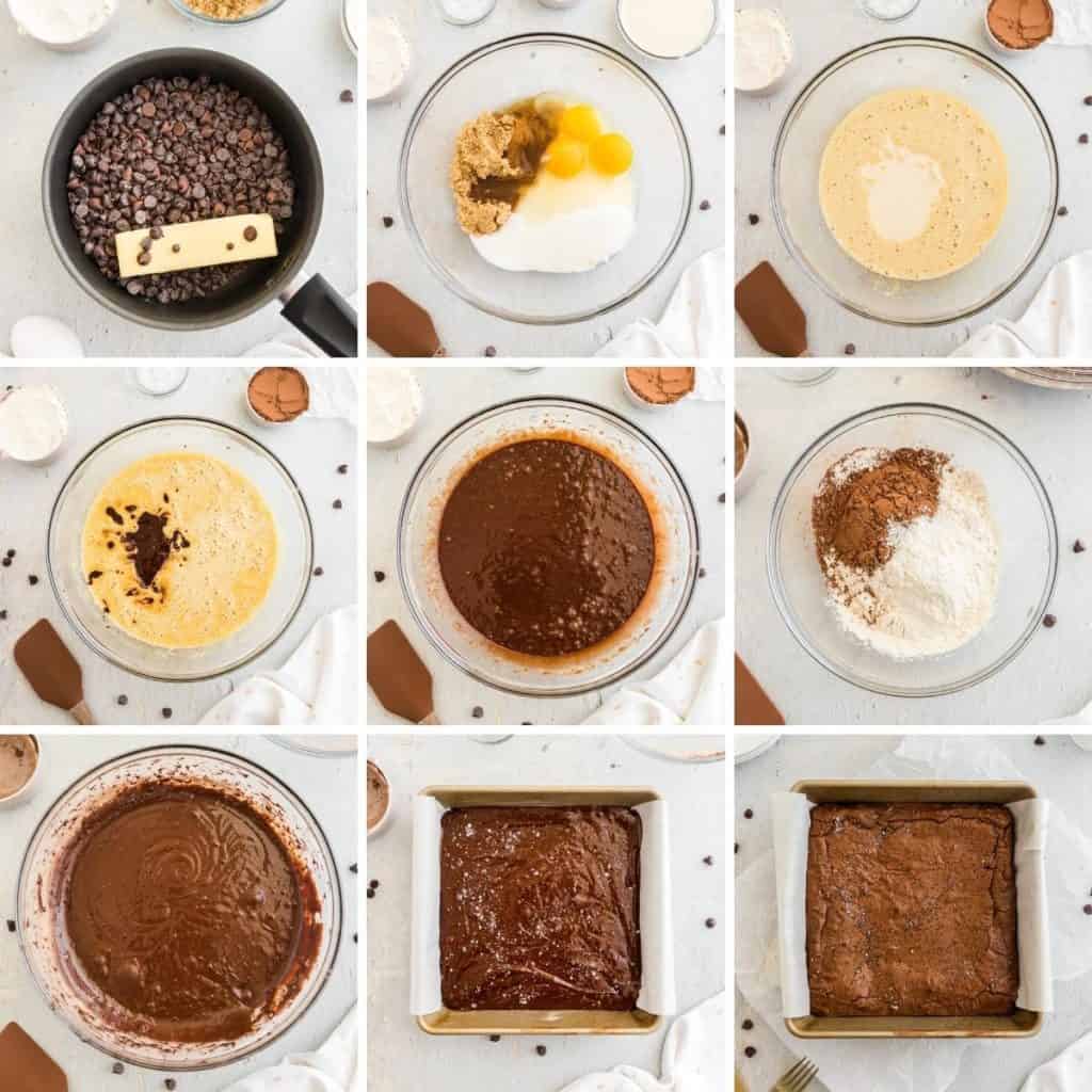 Collage showing how to make sourdough brownies.