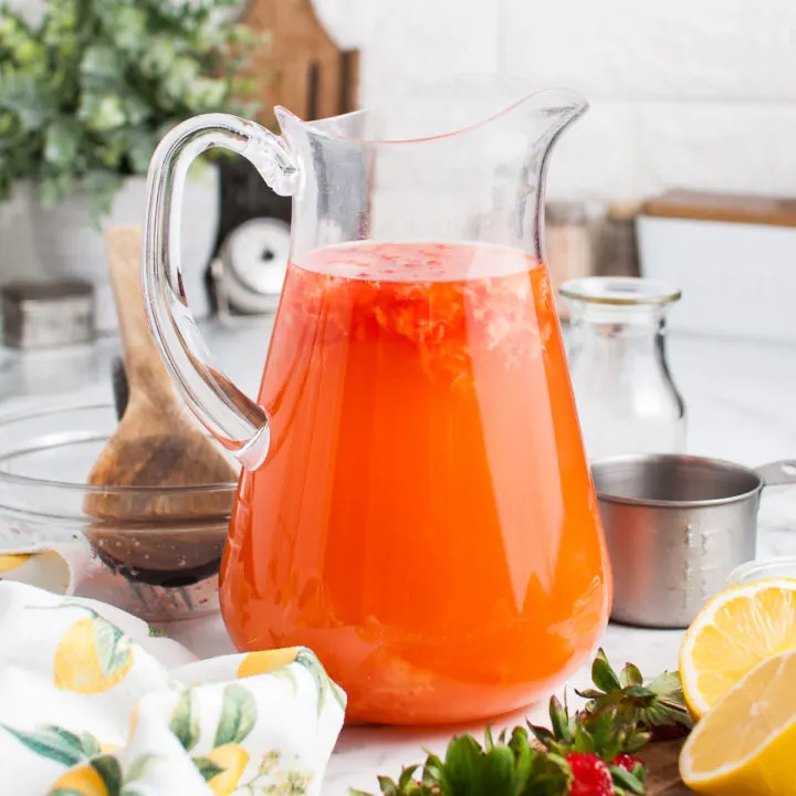 Pitcher of strawberry guava lemonade.