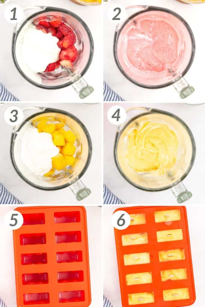 Collage showing how to make strawberry mango popsicles.