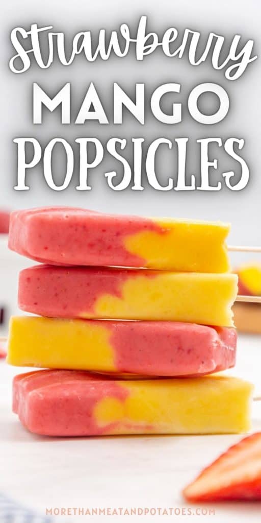 Stack of four strawberry mango popsicles.