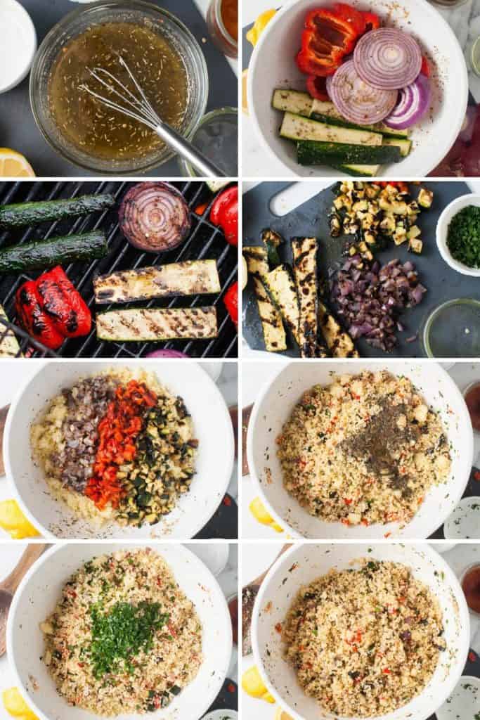 Collage showing how to make summer vegetable couscous.