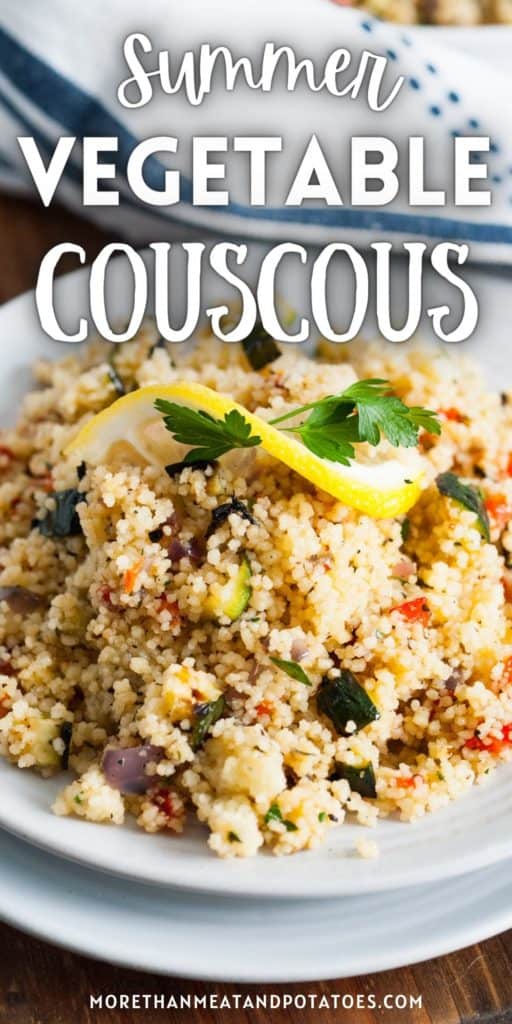 Close up view of a plate of summer vegetable couscous.