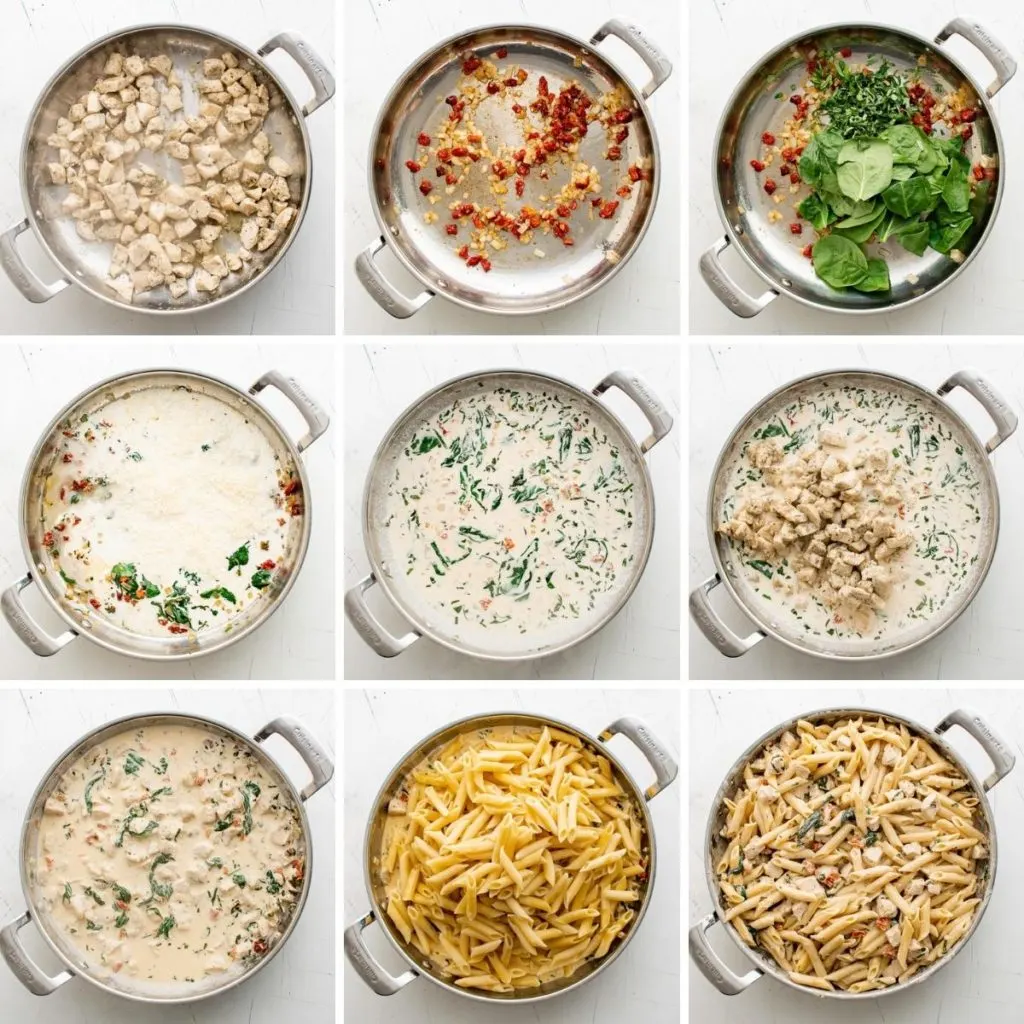 Collage showing how to make Tuscan chicken pasta.