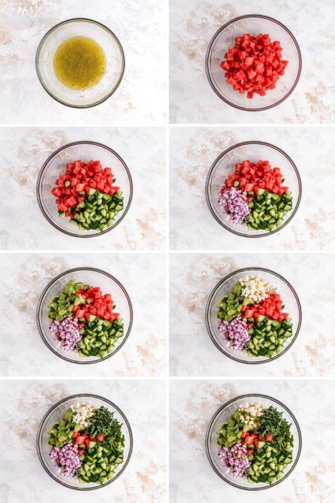 Collage showing how to make a watermelon salad.