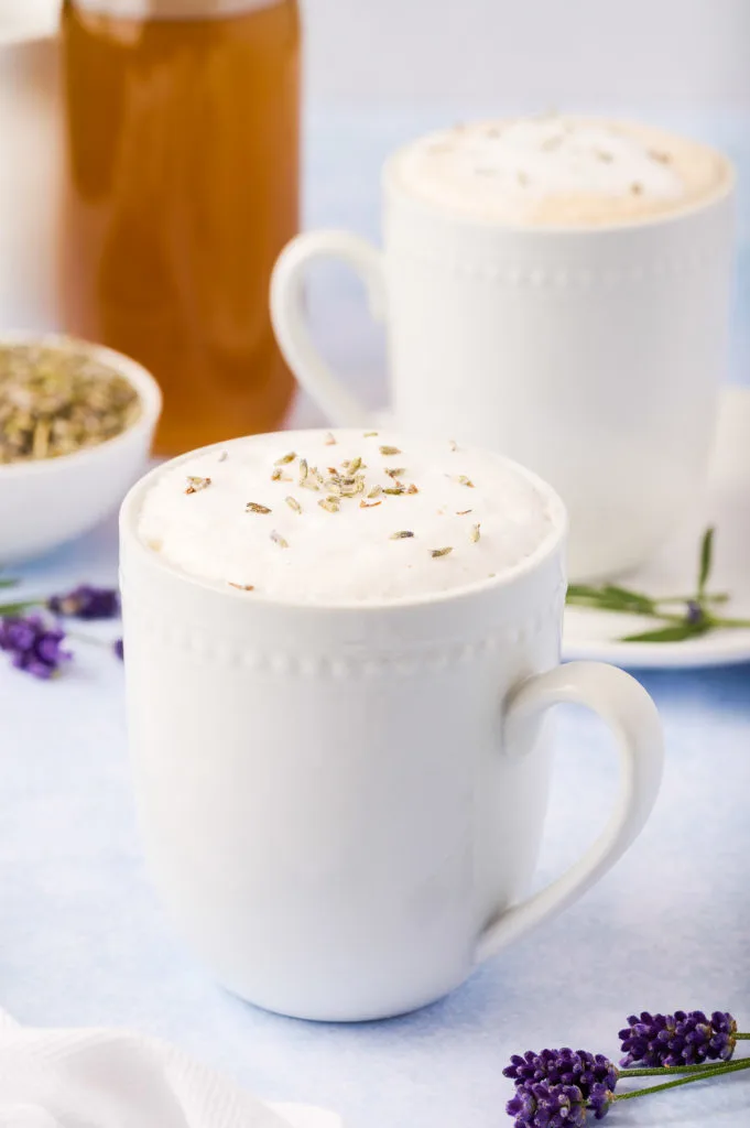 Coffee mug filled with lavender latte.