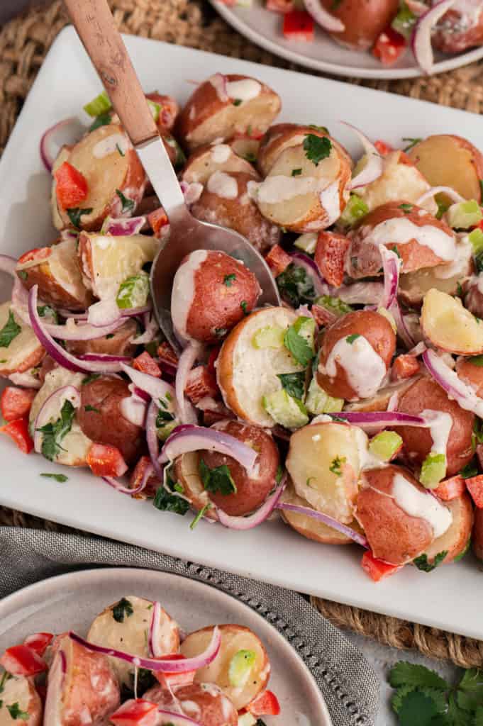 Red potato salad without eggs on a platter.