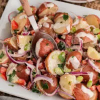 Close up view of red potato salad.