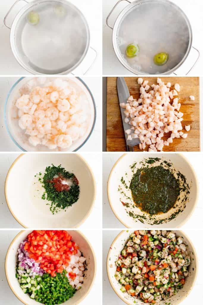 Collage showing how to make shrimp ceviche.