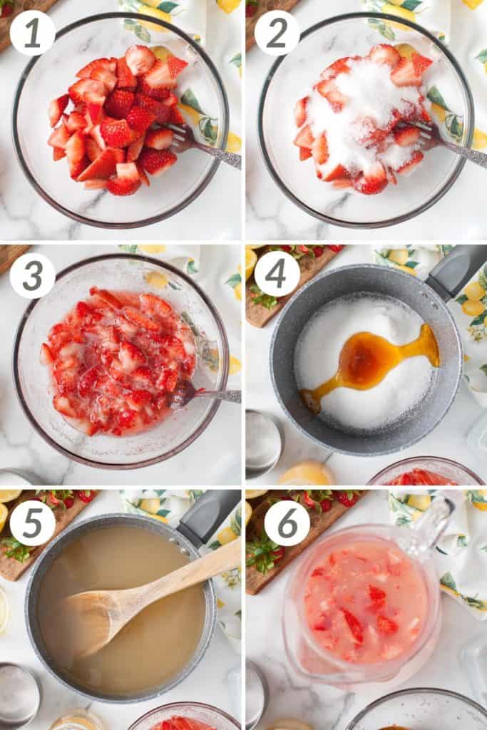 Collage showing how to make strawberry guava lemonade.