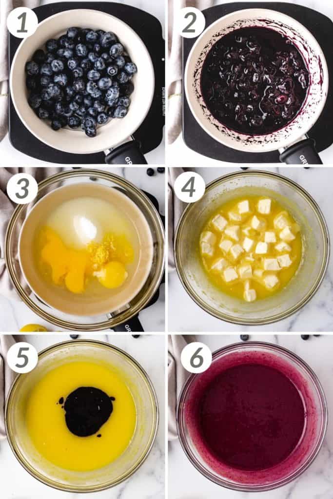 Collage showing how to make blueberry curd from scratch.