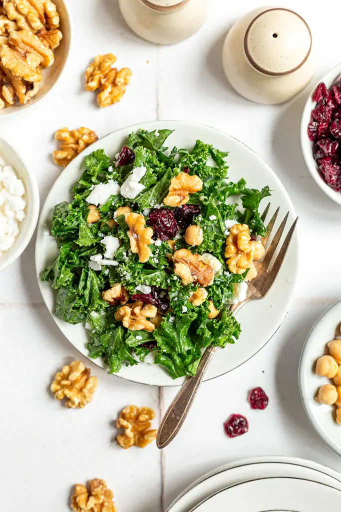 Salad on a plate with cranberries and chickpeas.