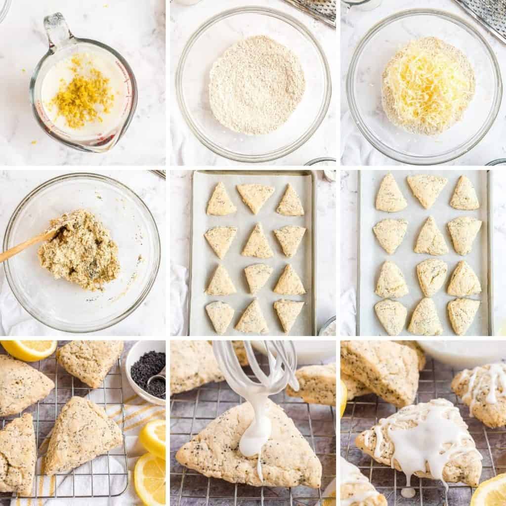 Collage showing how to make lemon poppy seed scones.