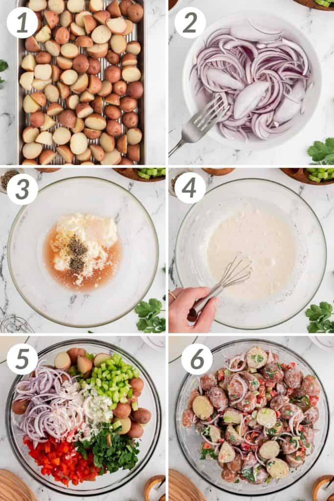 Collage showing how to make red potato salad.