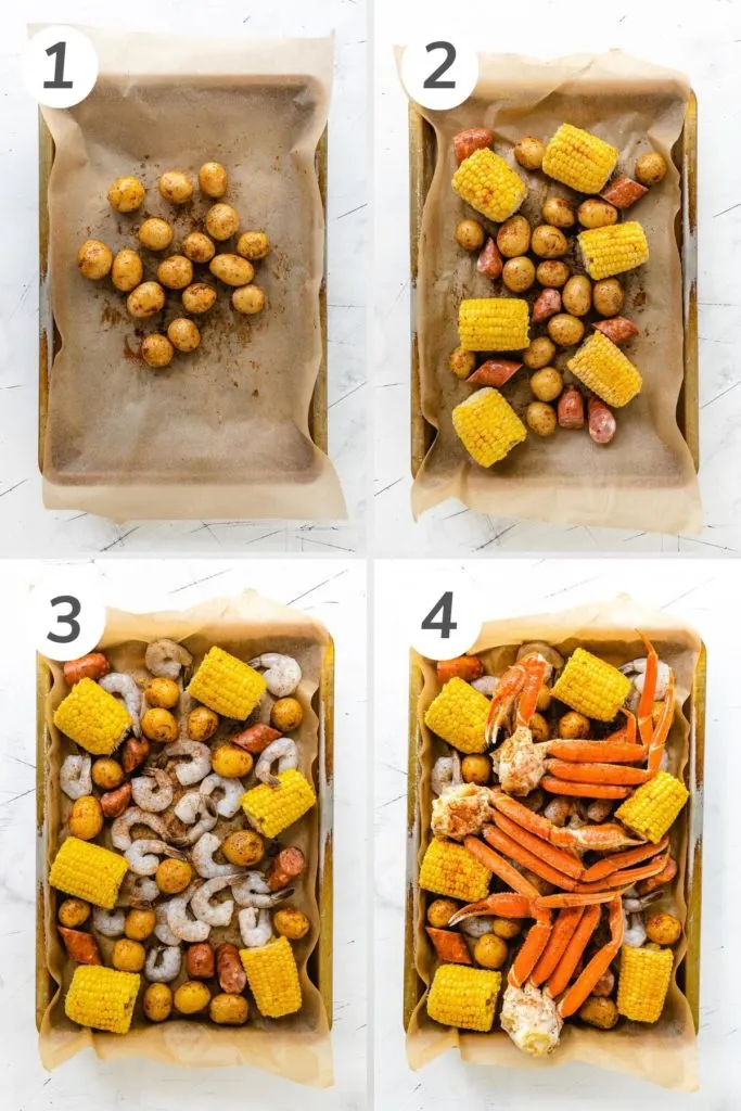 Collage showing how to make a sheet pan low country boil.