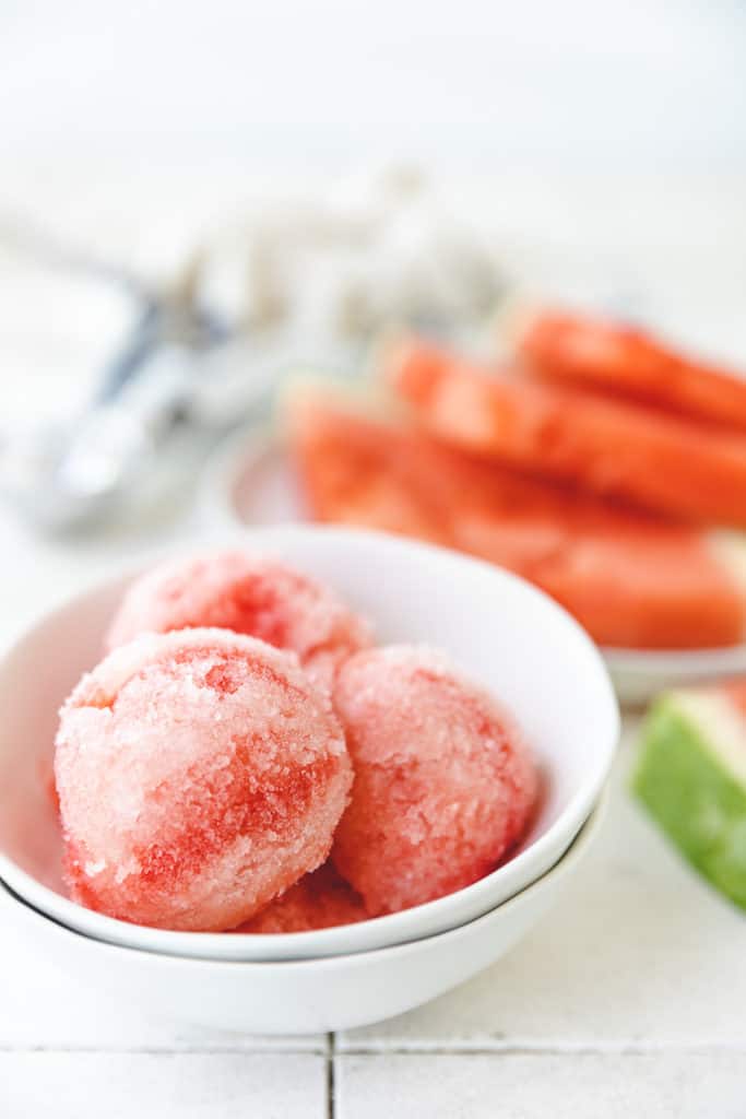 Scoops of sorbet in a bowl.