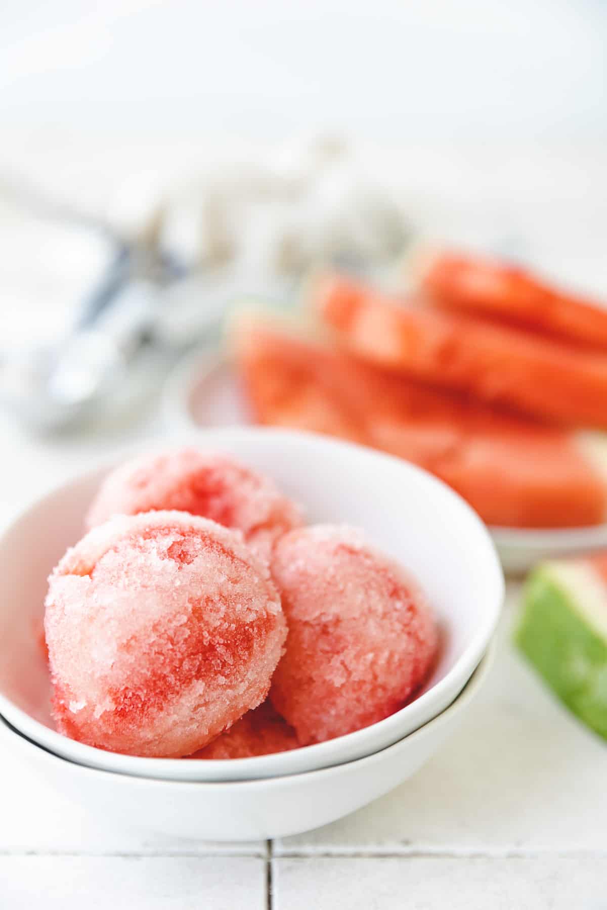 Scoops of sorbet in a bowl.